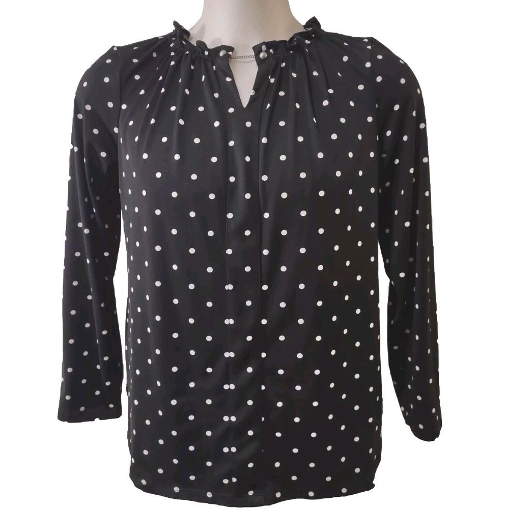 Unbranded Polka Dot Blouse Women L Black Ruffle Neck Whimsical Retro Cottage Co